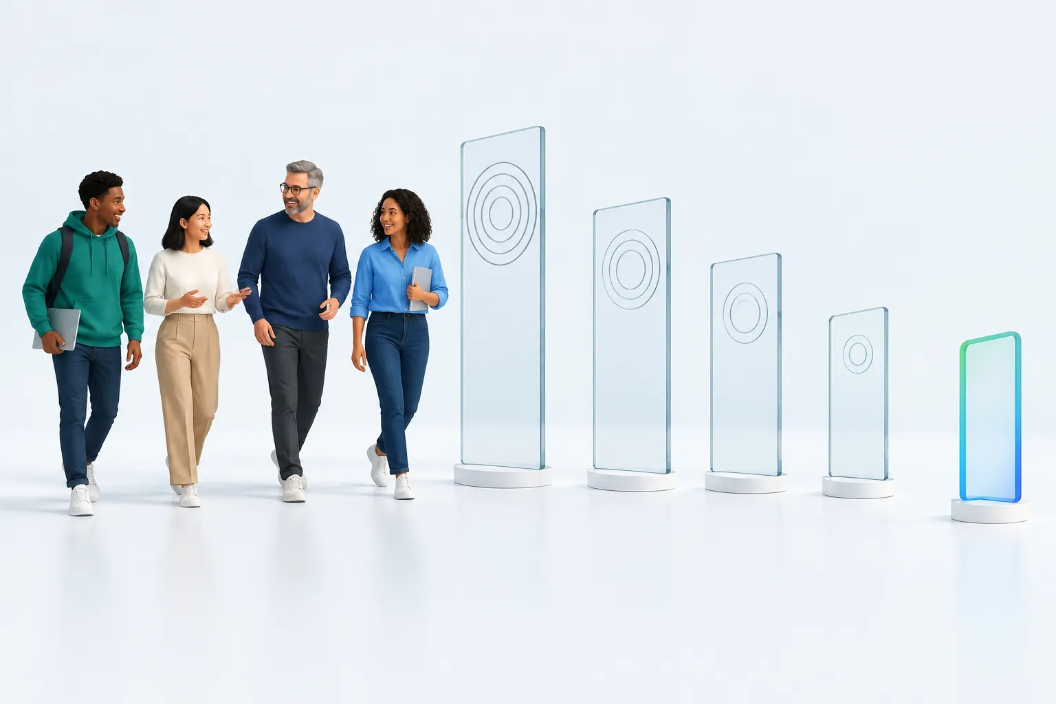 Illustration showing results from an AI adoption survey DSIT ran, as tall national markers, next to a team walking toward their own smaller, still-empty marker