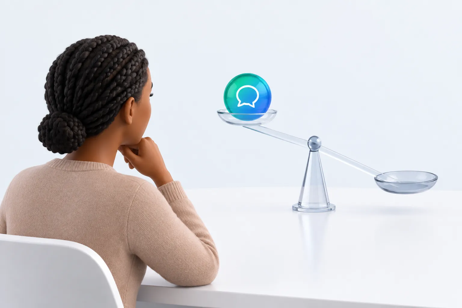 A person studying a tipped glass scale where a self-reported speech-bubble bead outweighs an empty, unmeasured platform