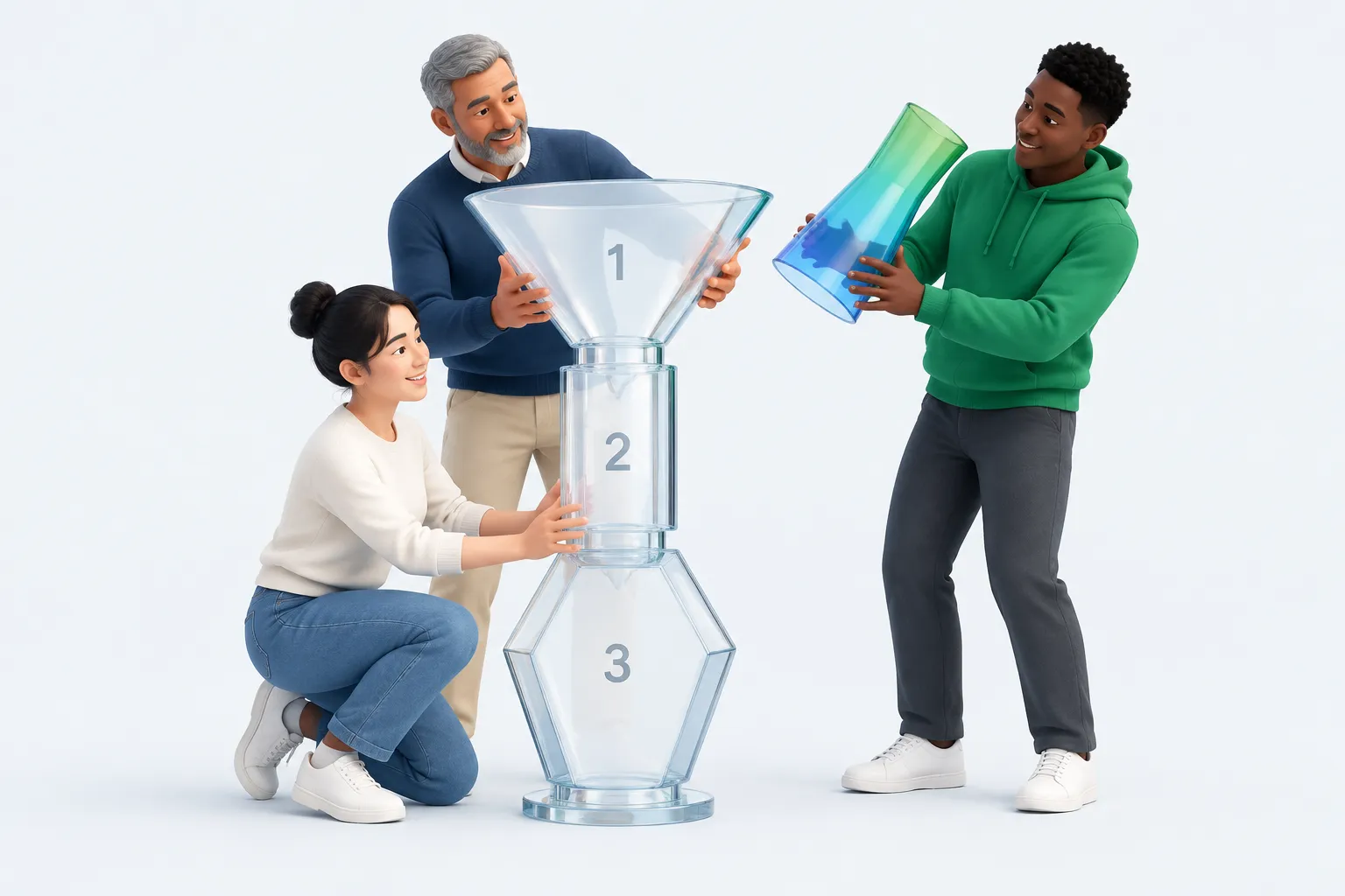 Three colleagues trying to fit mismatched glass measuring sections together, representing differently designed national AI surveys