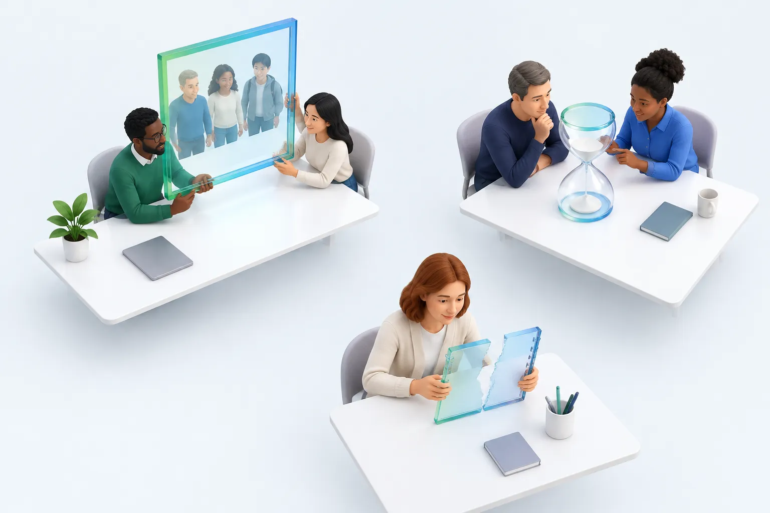 Groups at desks examining a frame, an hourglass and a notebook, picturing scope, time window and known issues