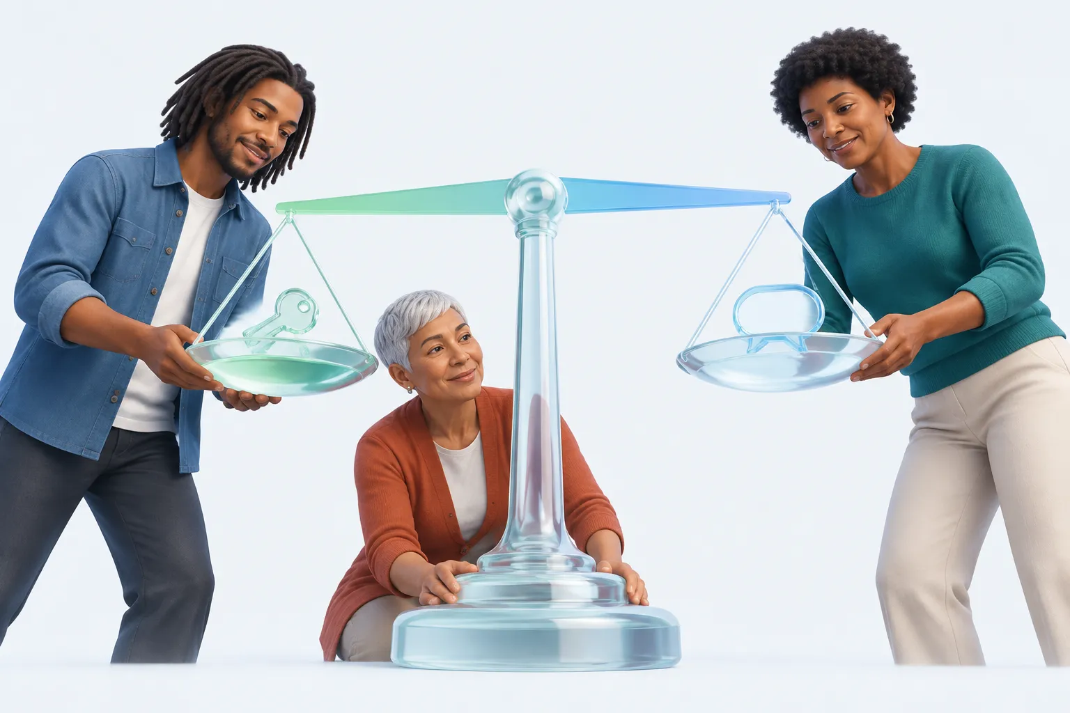 Three colleagues balancing a glass scale with an access key on one side and a speech bubble on the other