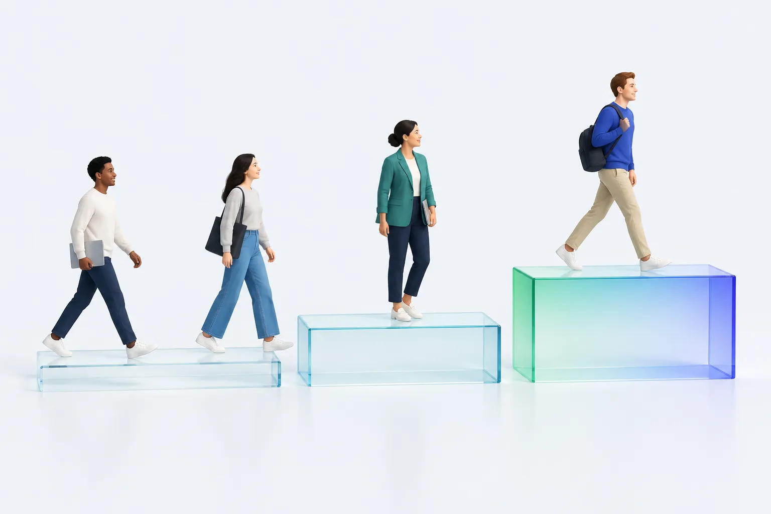 Small figures crossing three rising glass platforms