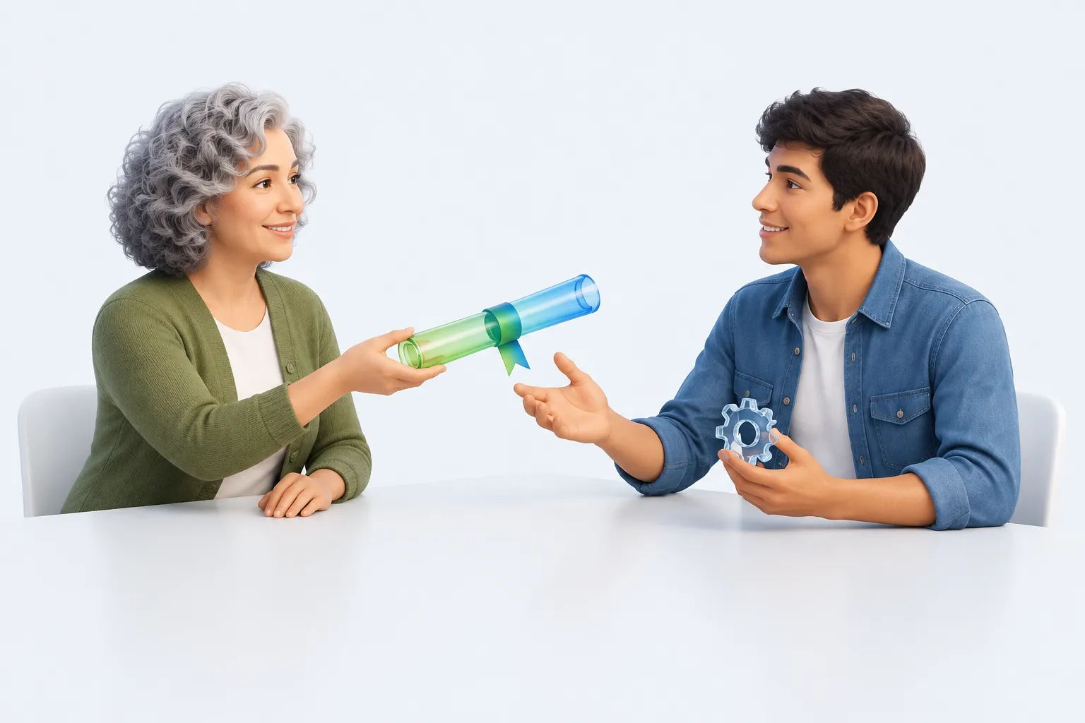 Two colleagues passing a glass scroll between them