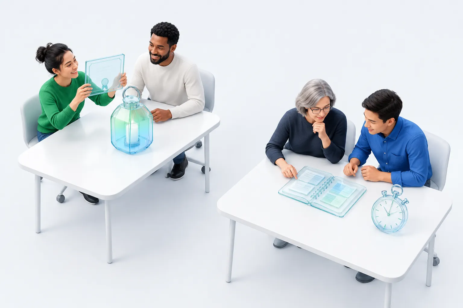 Two groups in an office comparing a plaque with work samples