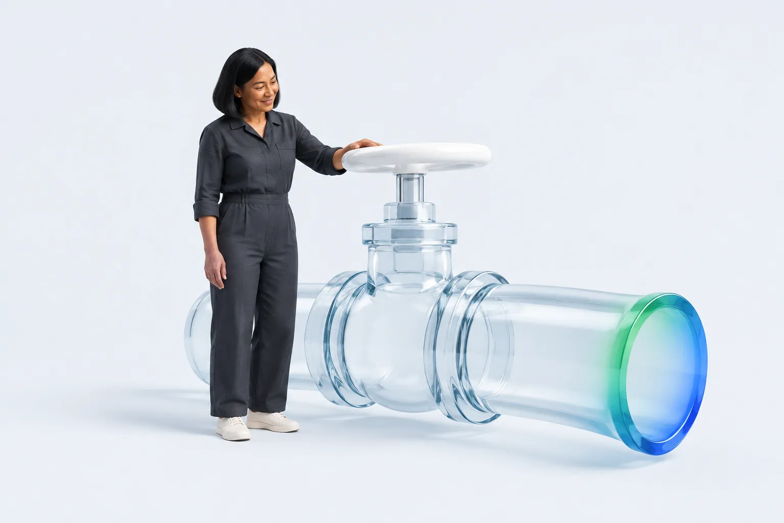 One colleague checks the handle of an oversized transparent stopcock.