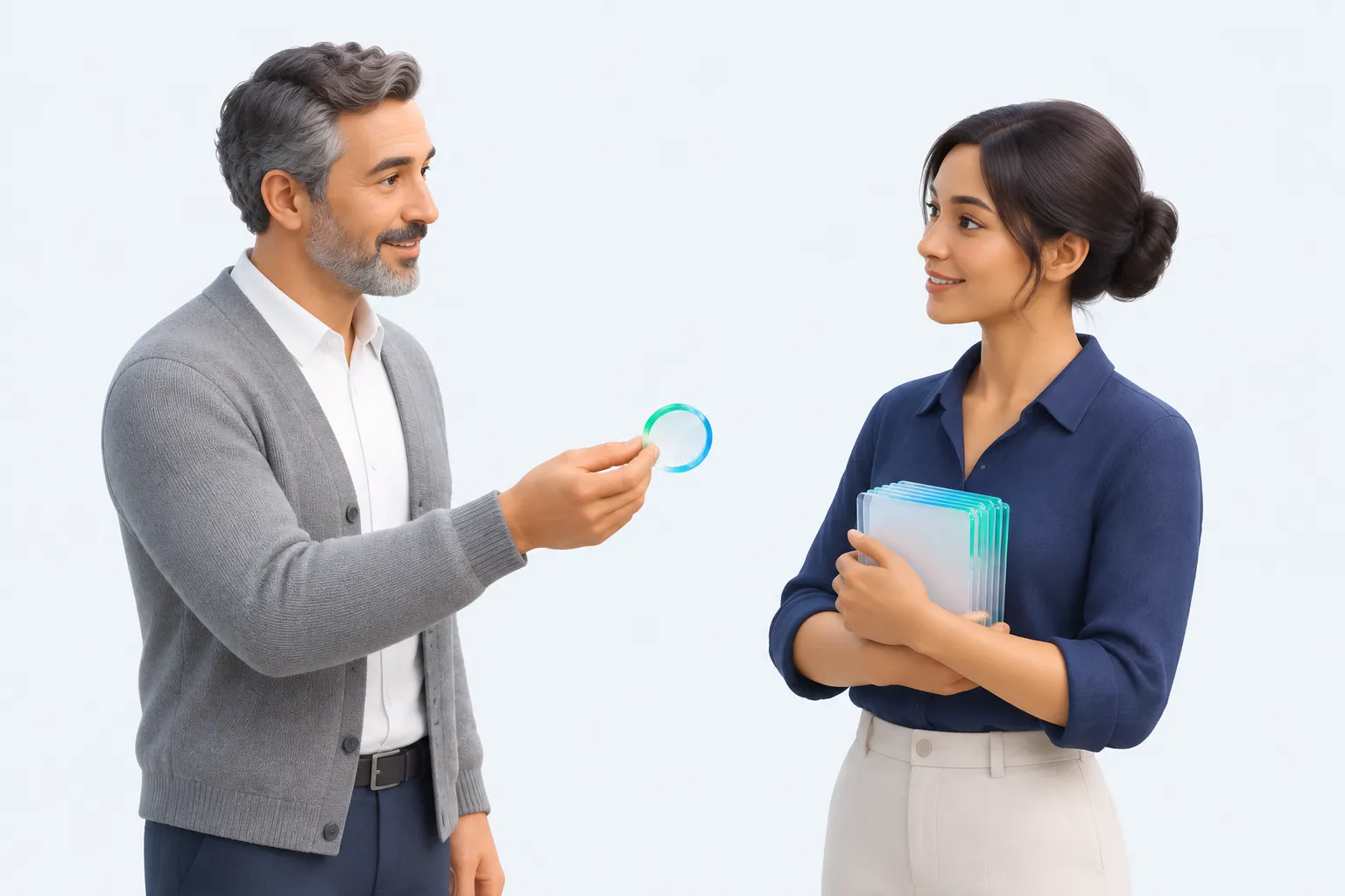 Two colleagues comparing a single glass token, representing a quick AI readiness checker, against a thicker stack of glass cards.