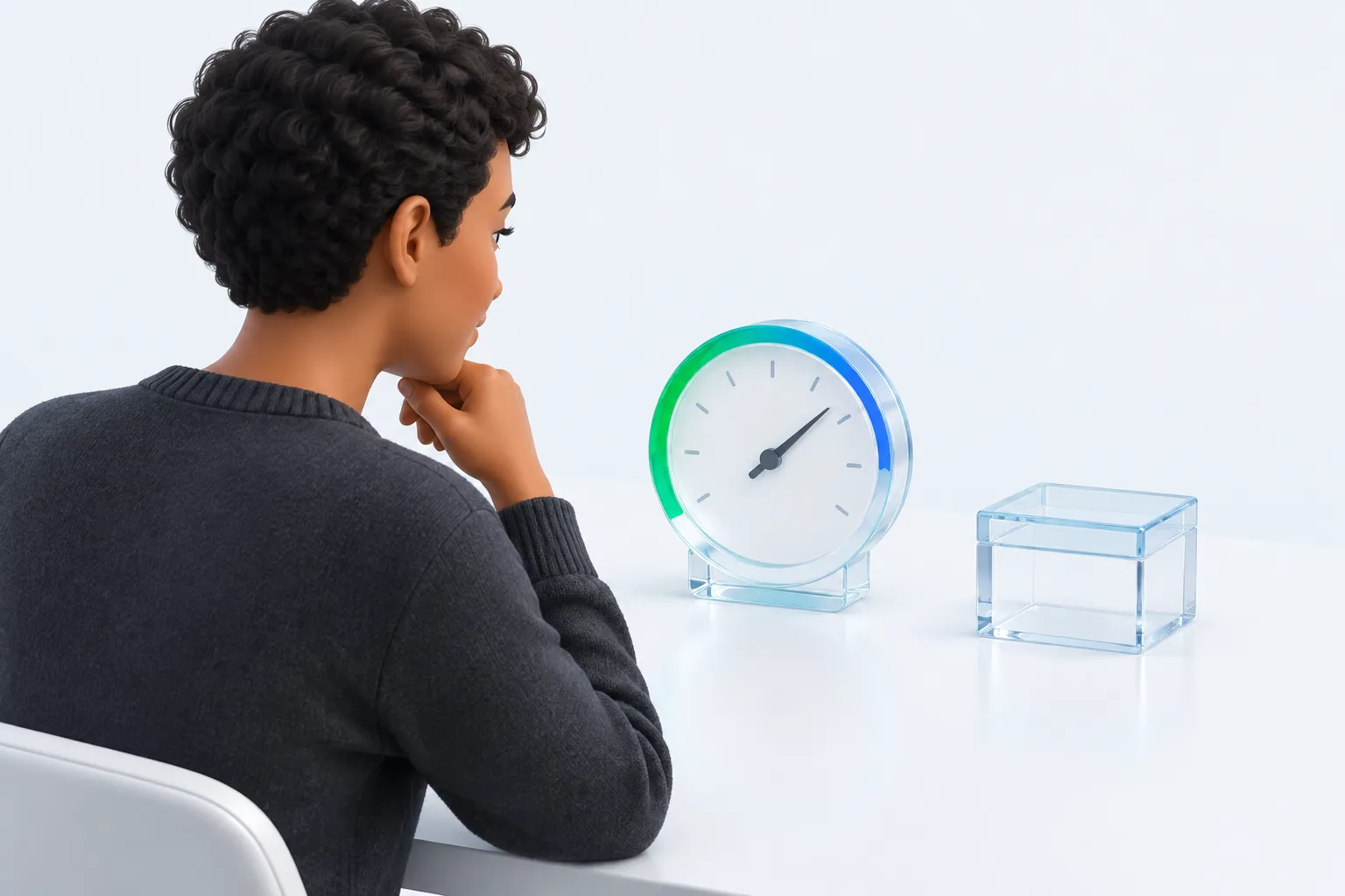 One person studying a glass gauge beside a closed glass box, representing measured comfort next to an unasked barrier.