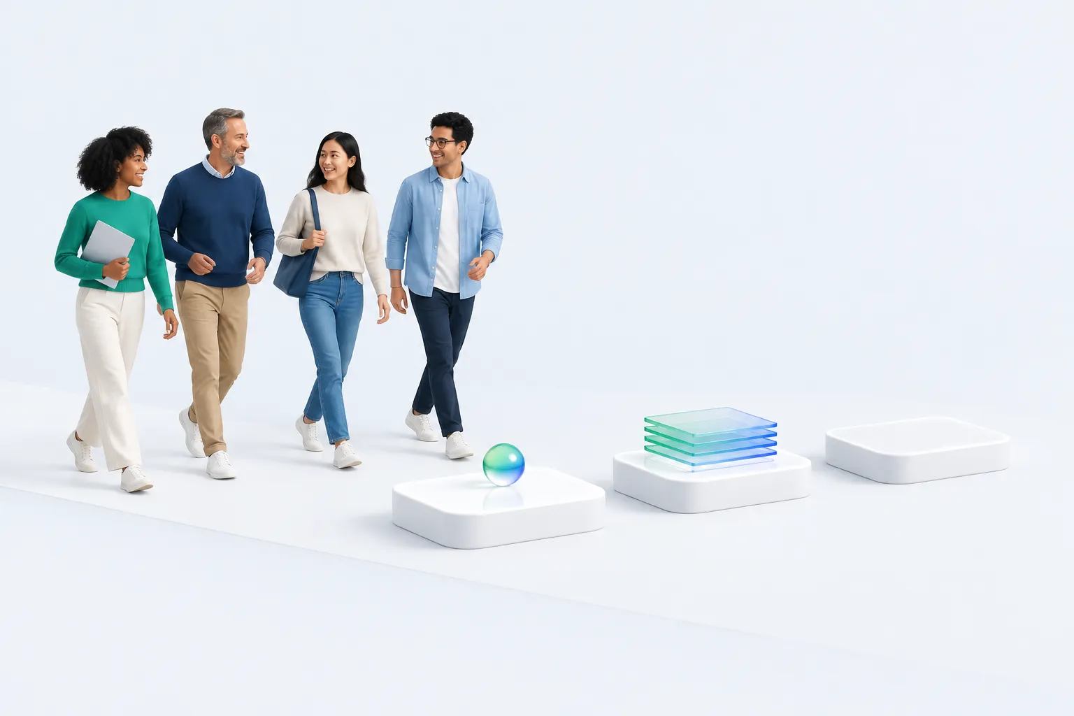 A small team walking from a single glass token toward a stack of glass cards, representing moving past a one-time check.