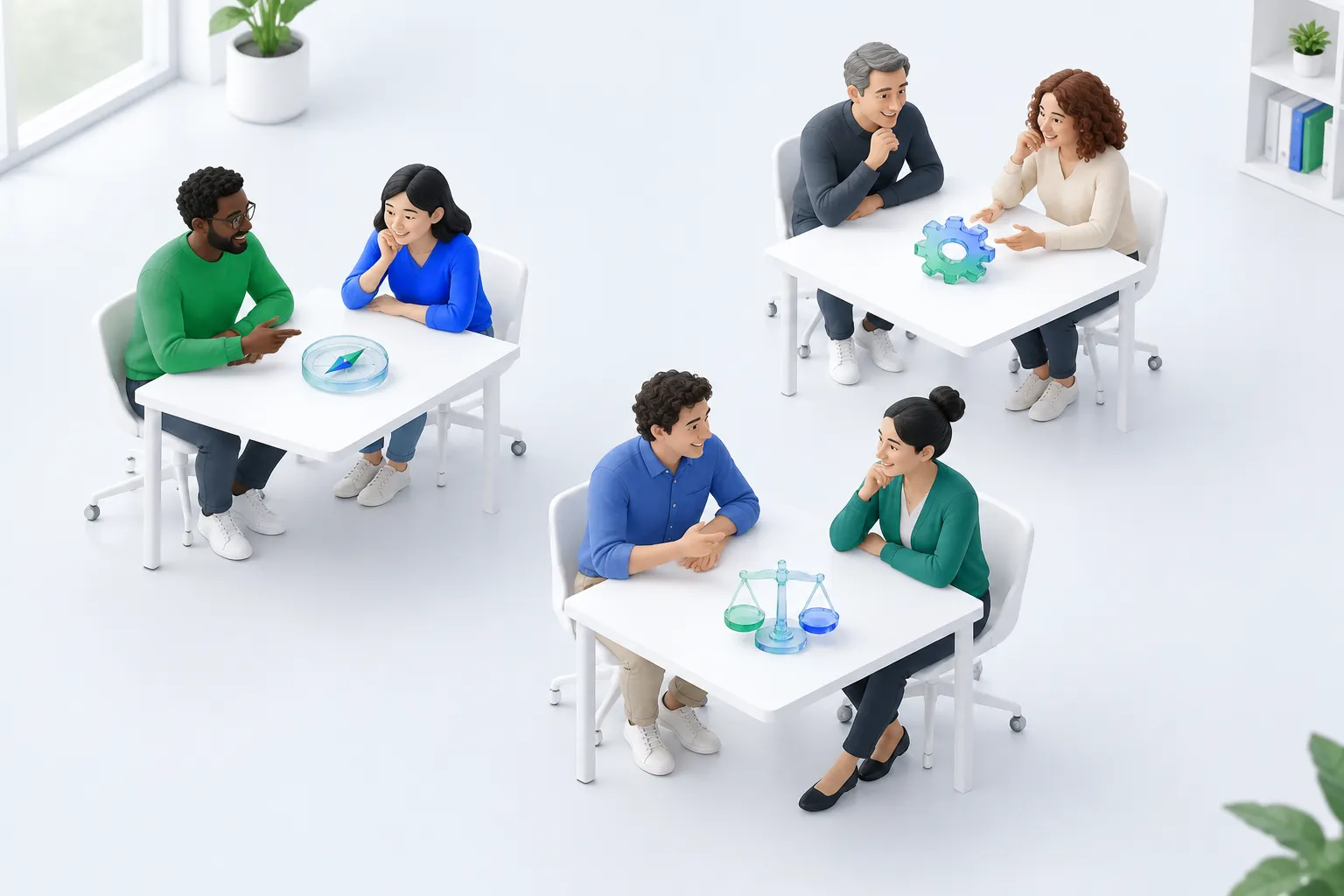 Three teams at separate desks each examining a different glass object, representing separate dimensions tracked by team.