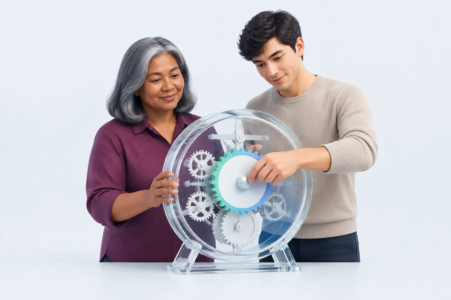 Two colleagues align a glass clock mechanism to represent agreeing on capacity for practice time.