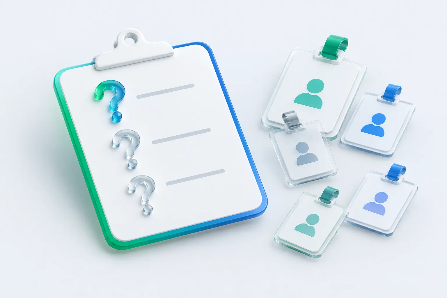 An AI readiness assessment questionnaire depicted as a clipboard with glass question marks and scattered employee badges