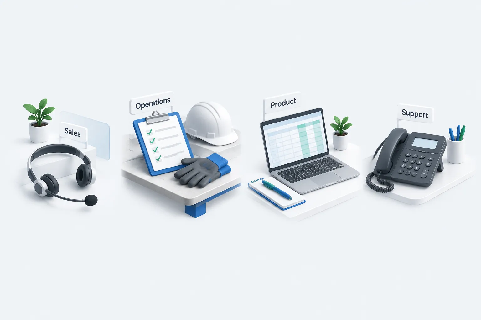 Four distinct department workspace vignettes representing different employee groups included in an AI readiness assessment