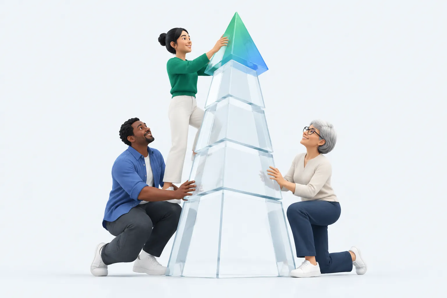 A team assembles a rising glass arrow tower representing the growing number of companies naming a Chief AI Officer