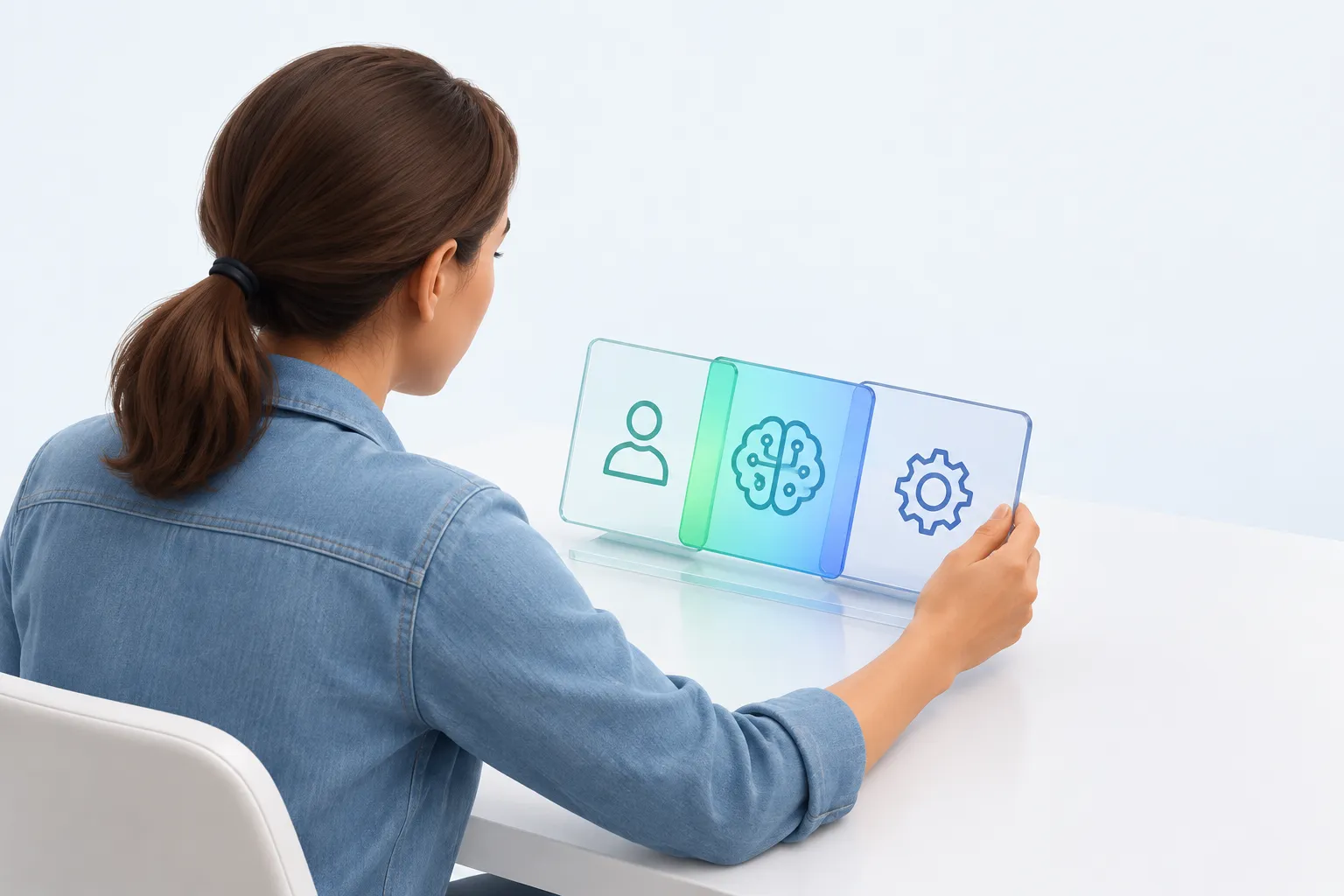 A person adjusts a three-panel glass nameplate symbolizing competing executive titles over AI adoption