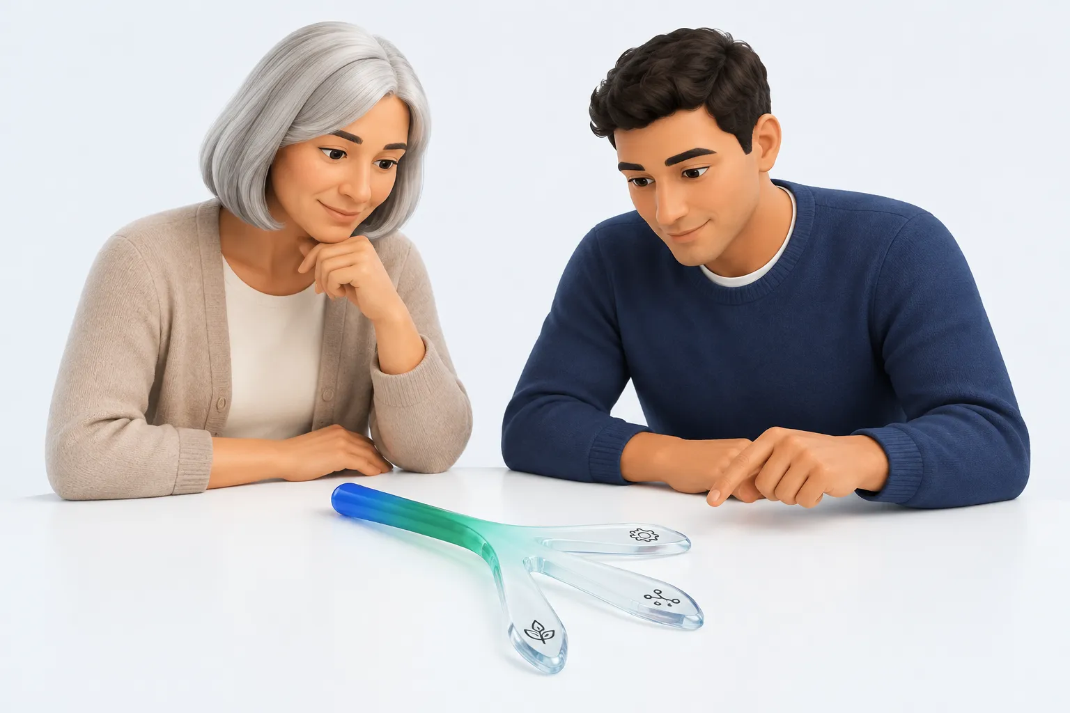 Two colleagues study a three-pronged glass fork representing three executives each claiming ownership of AI strategy