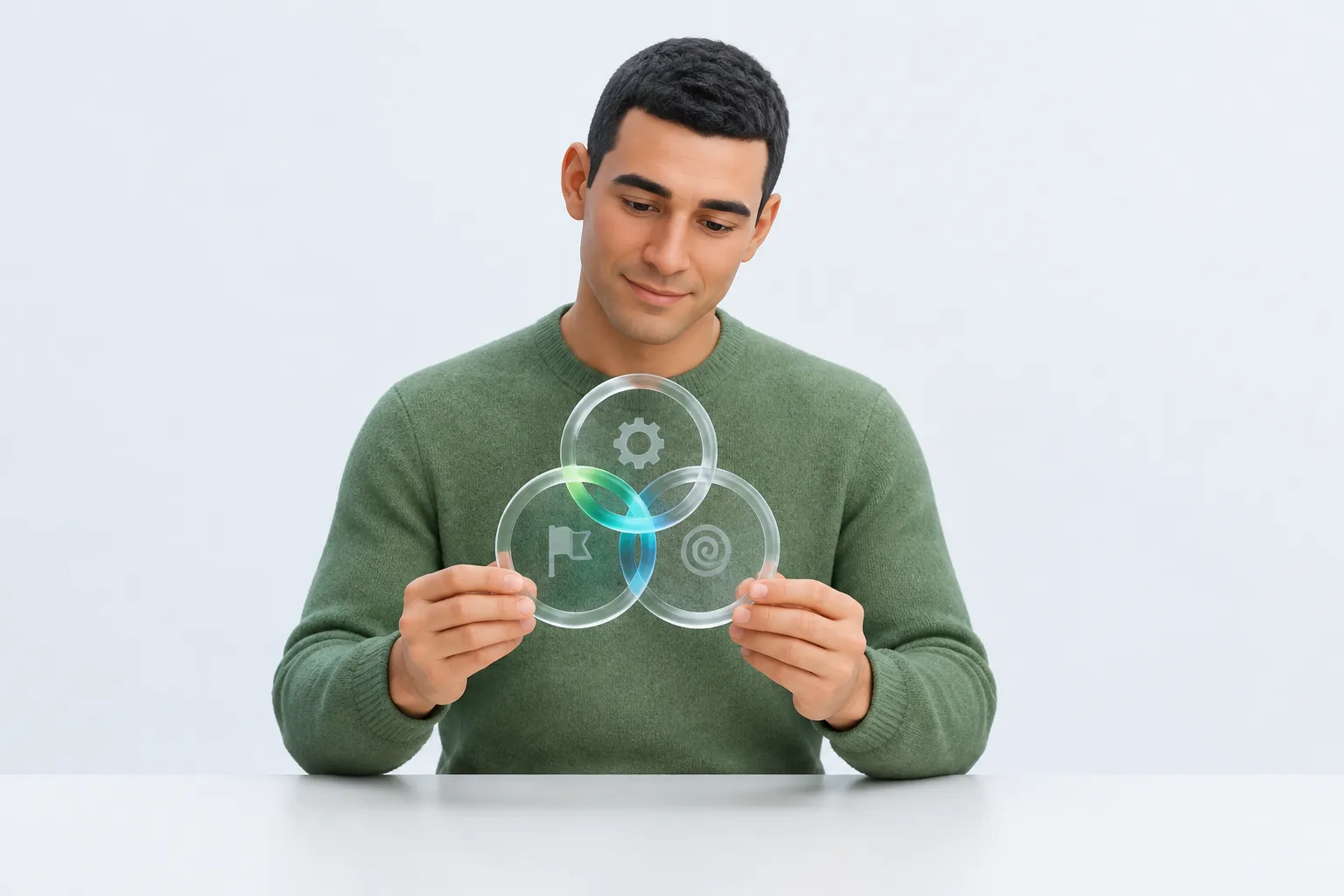 A leader examines a three-ring glass badge representing the chief ai officer vs cto overlap with a third executive role