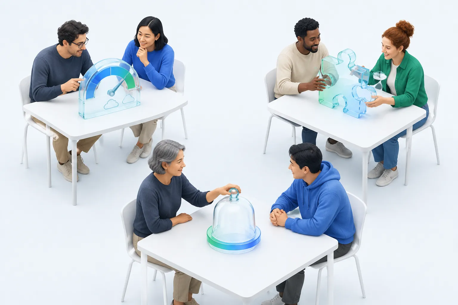 Three teams in an office each handle a separate decision area, illustrating a written split between a CTO and a Chief AI Officer
