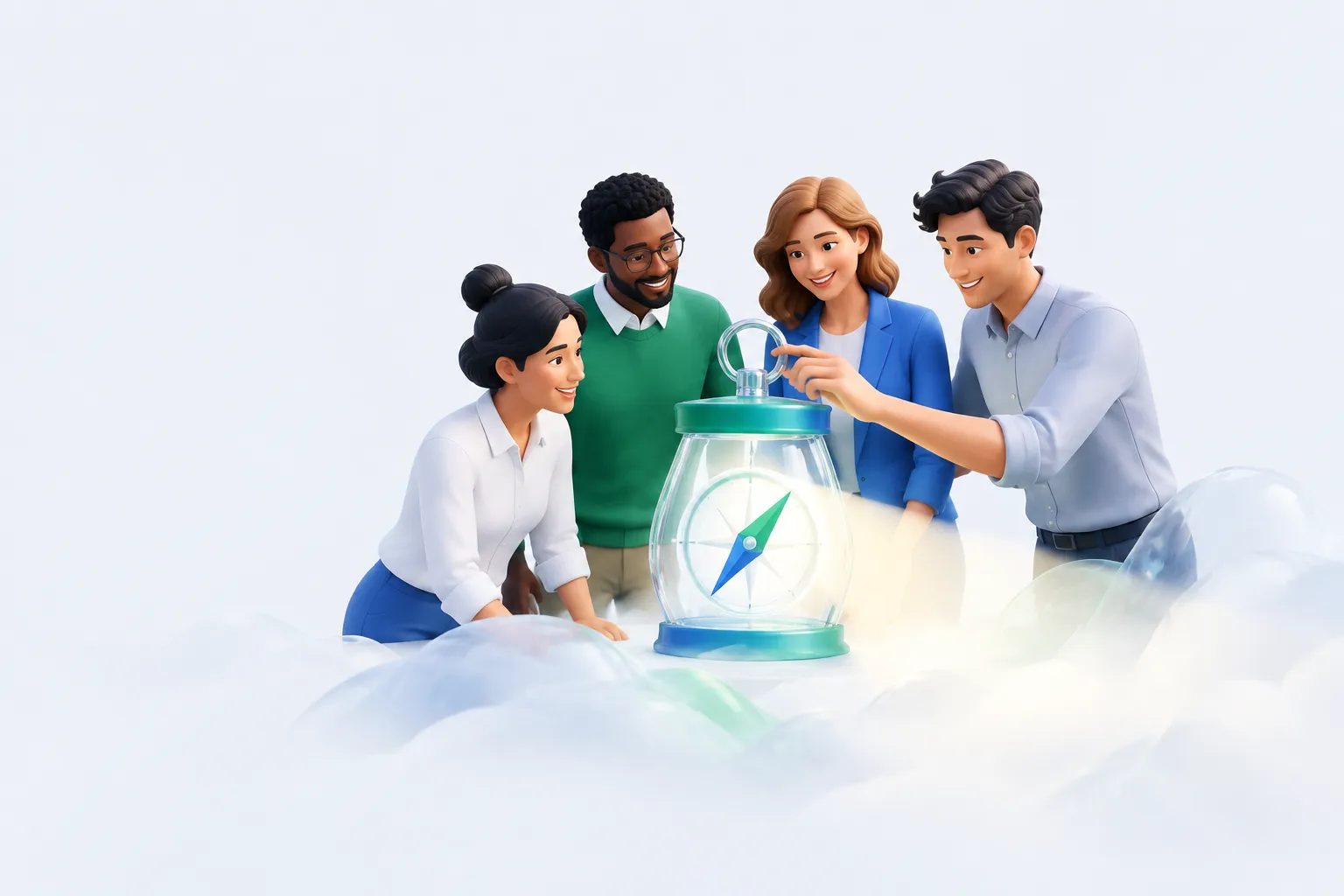 Illustration of a team gathered around a glowing glass compass cutting through fog, symbolizing how the AI Anxiety Scale brings clarity to employee unease about AI.