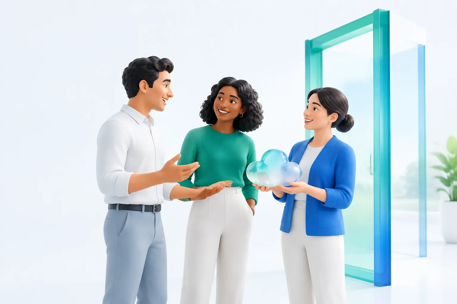 Illustration of colleagues talking near an open glass doorway with light streaming in, symbolizing how clear communication eases workplace AI anxiety.