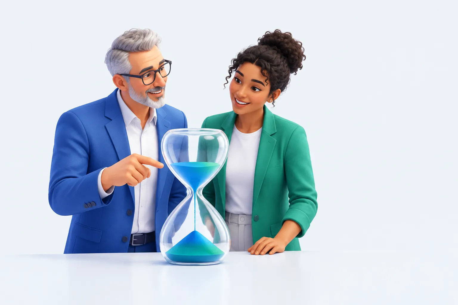Two compliance colleagues standing beside a large hourglass, illustrating a reported time barrier to AI adoption.