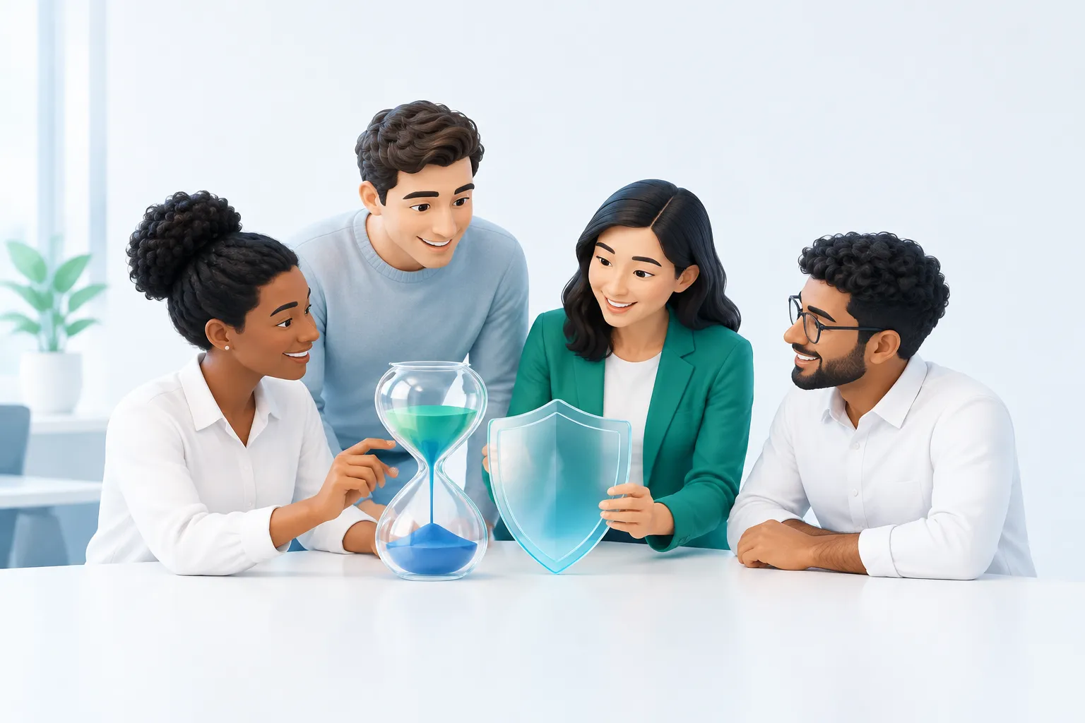 Conceptual illustration answering what is change management in cyber security for AI adoption, showing a compliance team working together around an hourglass and a shield object.