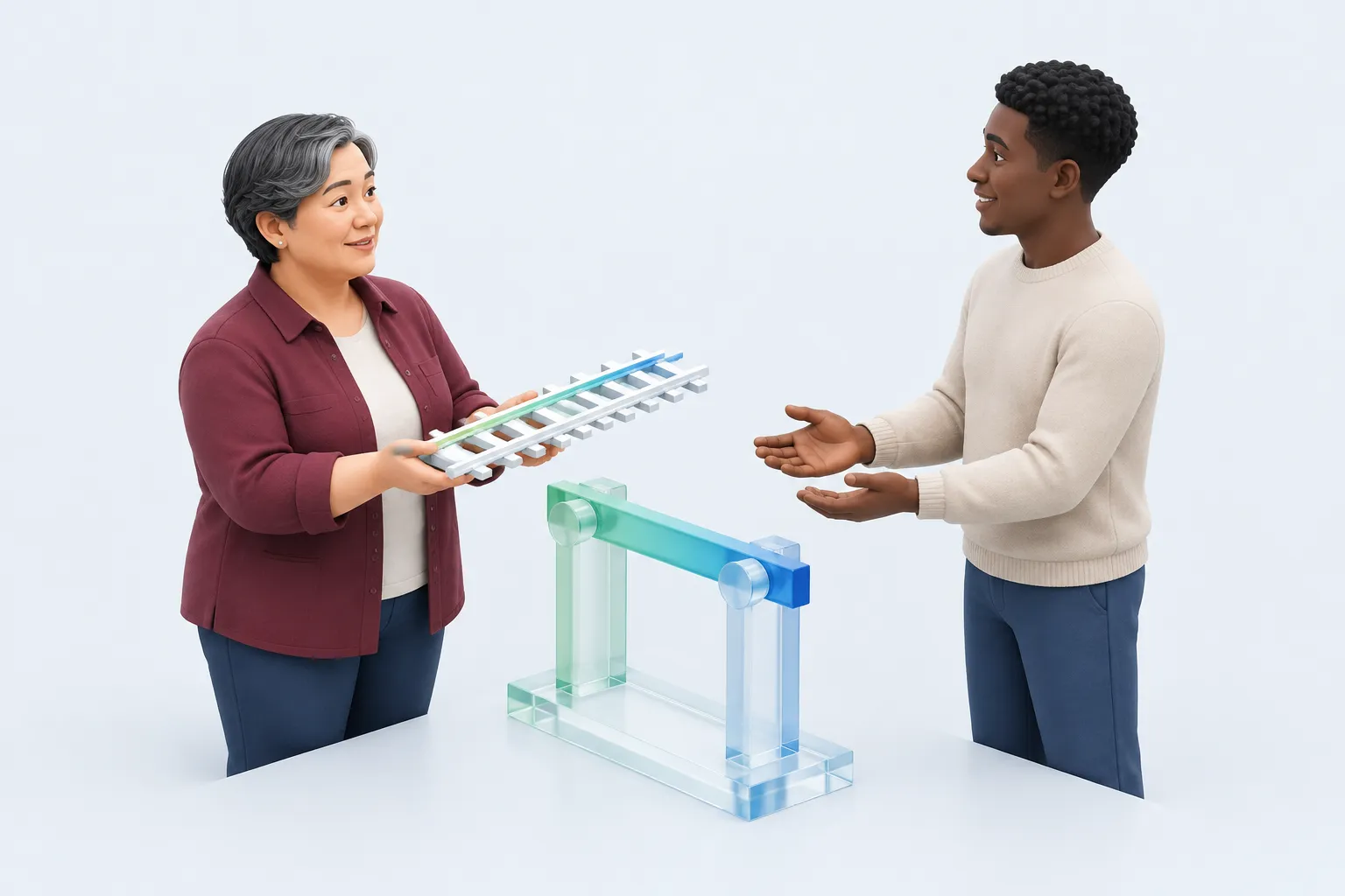 Two colleagues exchange a track section beside a glass buffer, illustrating Microsoft token spending limits as boundaries around purposeful work.