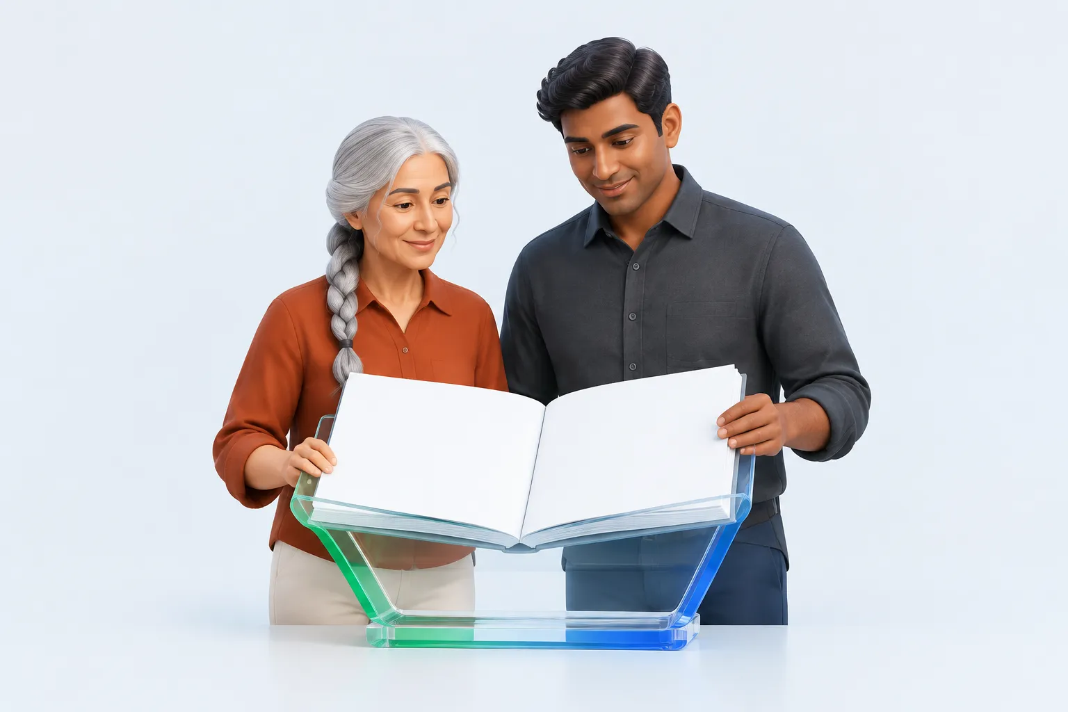 Two colleagues inspect separate blank pages in one open book, representing different kinds of evidence considered together.