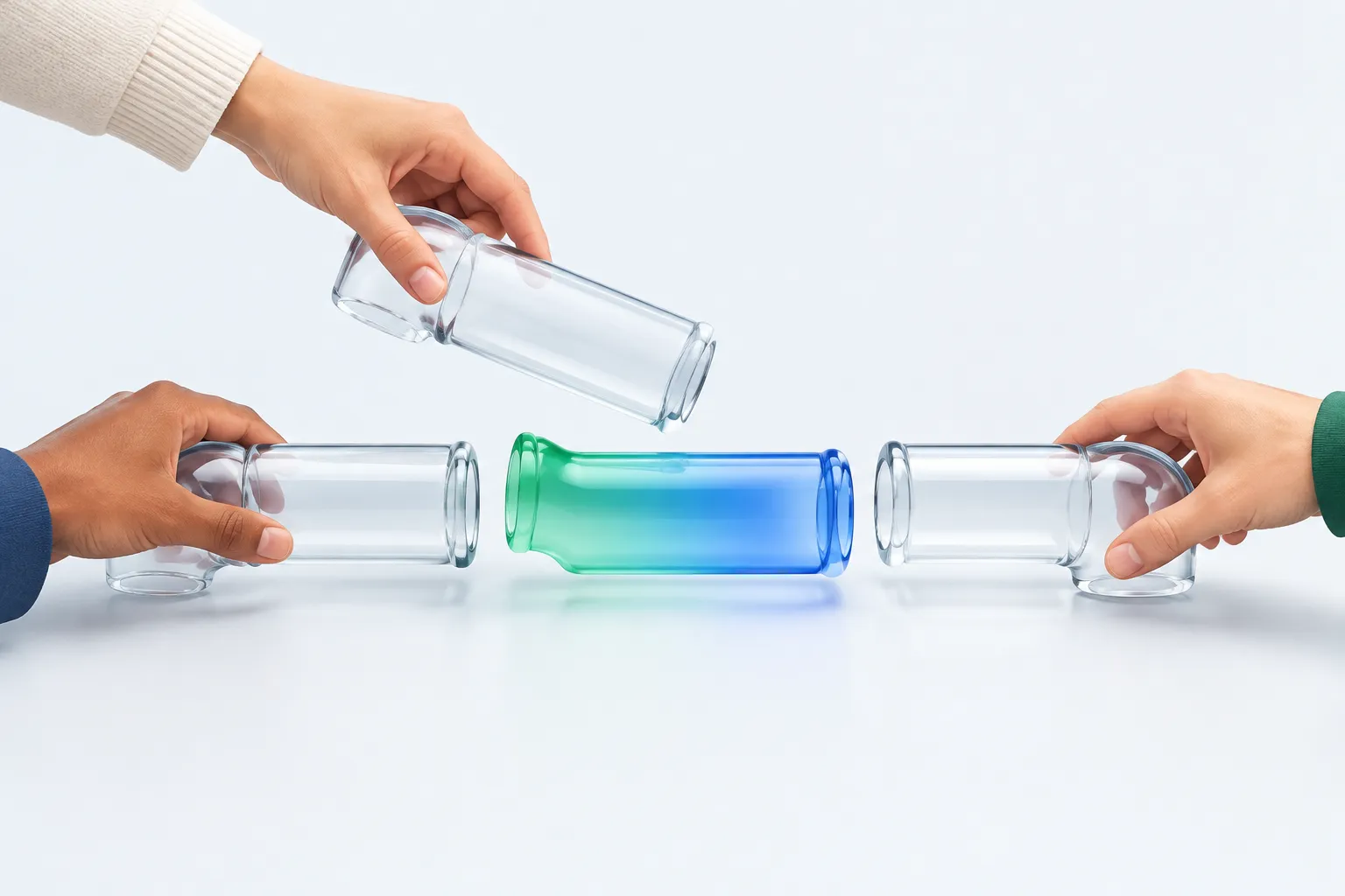 Hands rearranging glass workflow segments on a desk, removing one piece and fitting a new connector.