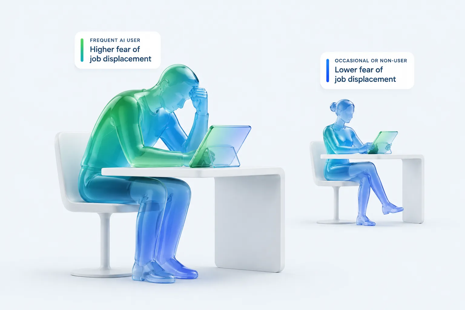 Conceptual illustration contrasting a frequent AI user's uneasy posture with a relaxed occasional user.