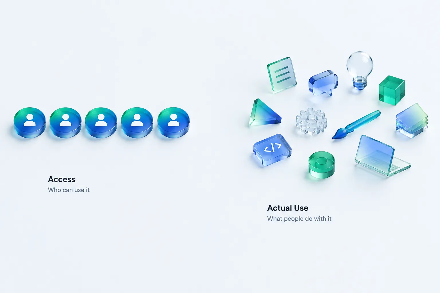 Identical login badges on one side and varied glass task objects on the other, illustrating how is AI used in the workplace differently from who logged in
