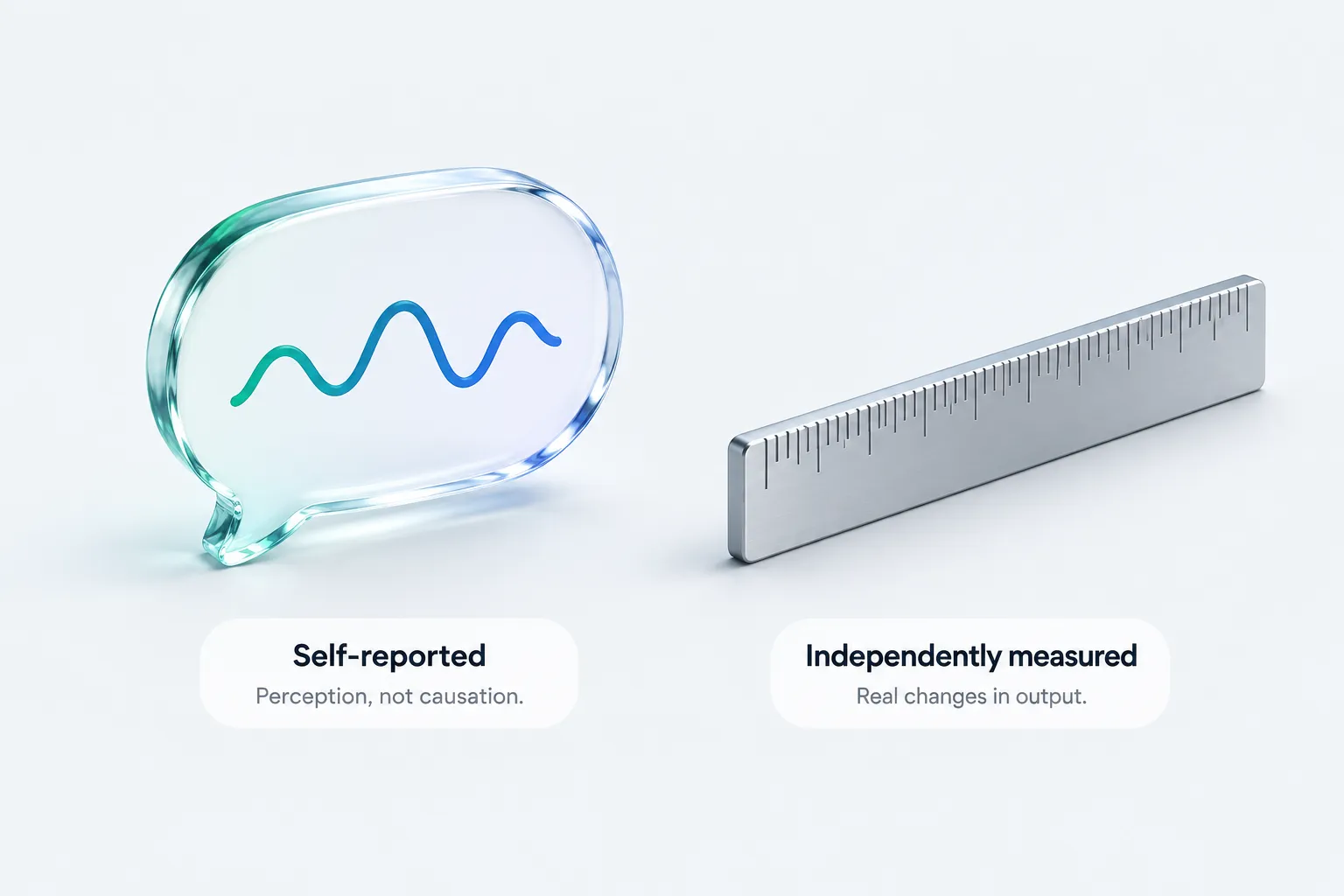 A glass speech bubble beside a solid measuring ruler, contrasting self-reported impressions with independently measured results