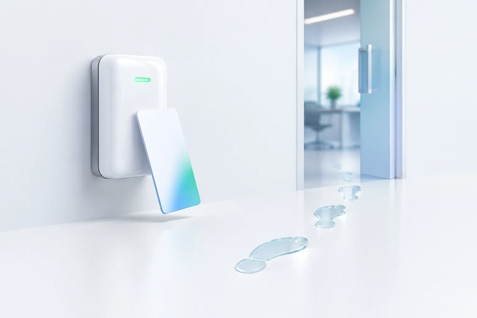 A keycard reader beside footprints leading away from a doorway, symbolizing access data versus actual behavior