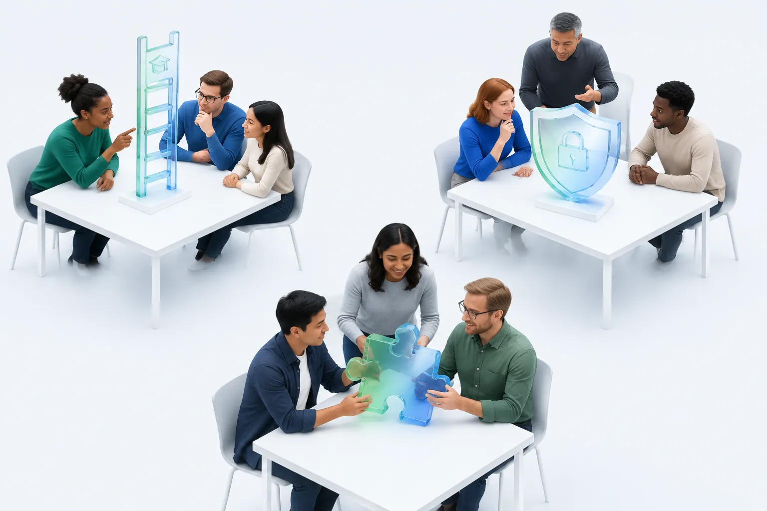 Three office clusters each examining a different glass object representing a separate published list, illustrating why the WTW AI adoption barriers list alone doesn't define your organization's own barriers.