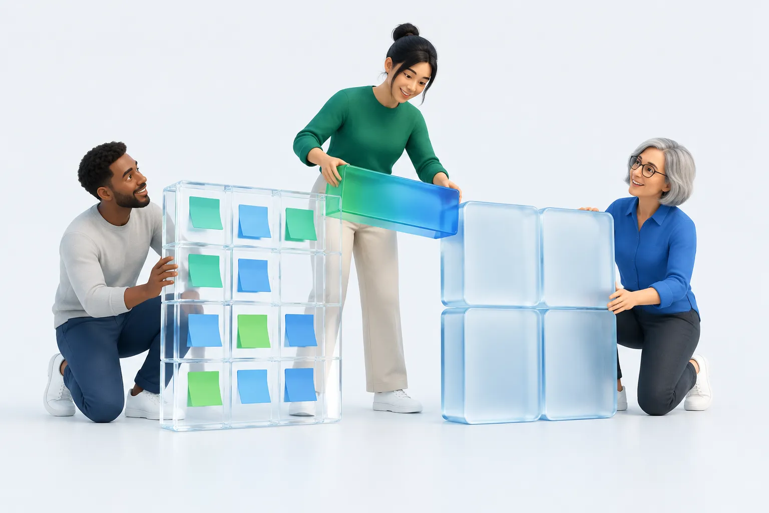 Three colleagues assembling a glass structure from sorted sticky notes and labeled clusters, representing the barrier-mapping workshop stages.