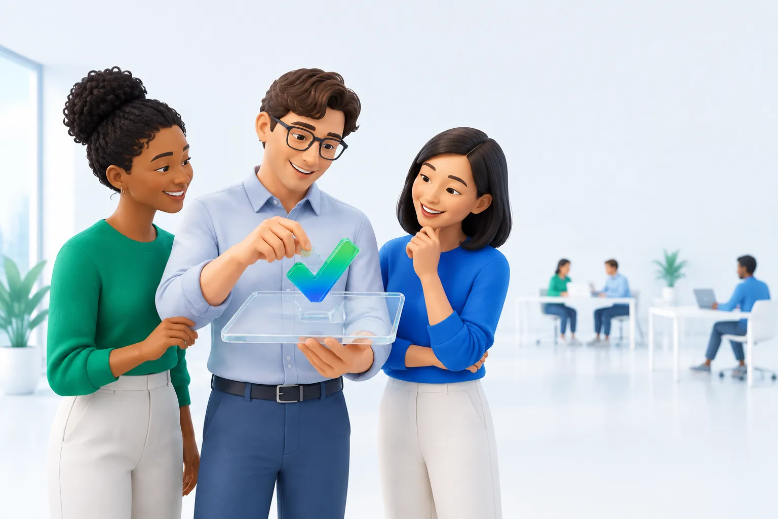A team placing a glass checkmark object onto a shared tablet, illustrating a practical approach to measuring AI performance