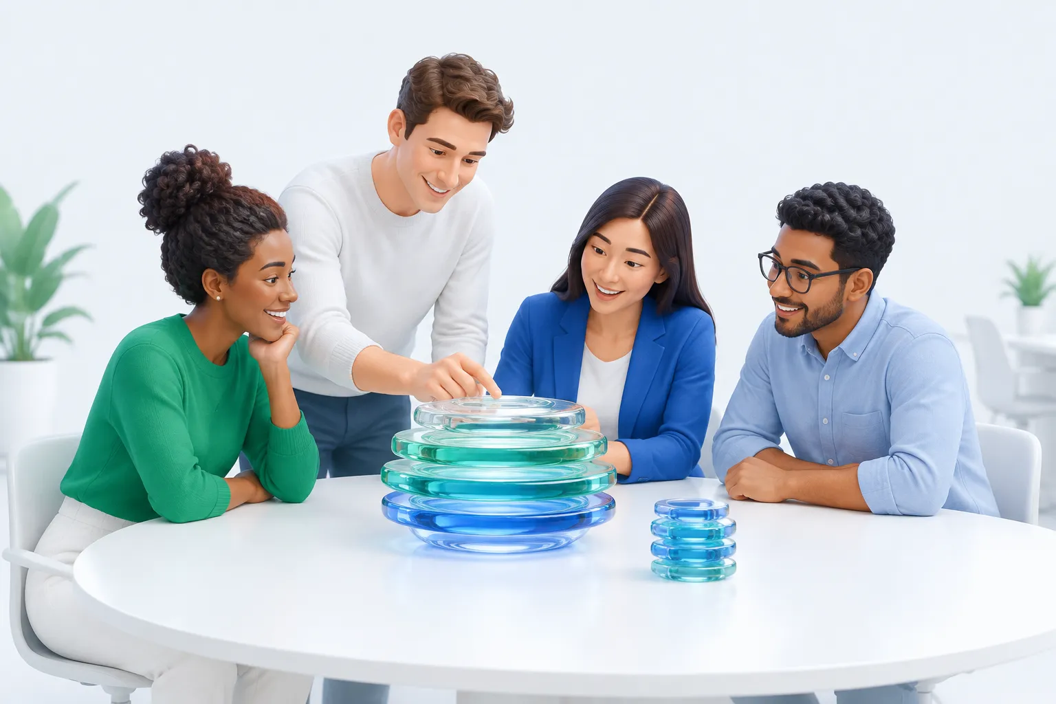 A team examining a layered glass sculpture together while a small stack of token-like discs sits set aside, illustrating how to measure AI performance beyond simple usage counts