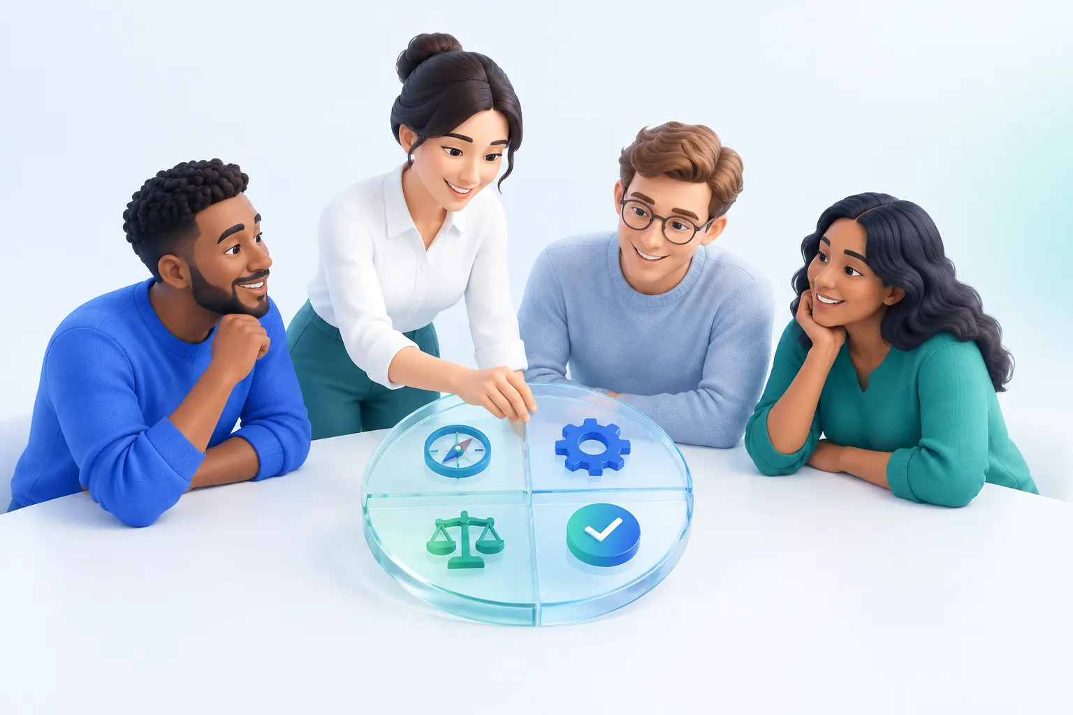A team placing a checkmark object onto a round quarterly calendar wheel that also holds a compass, a gear, and a scale.