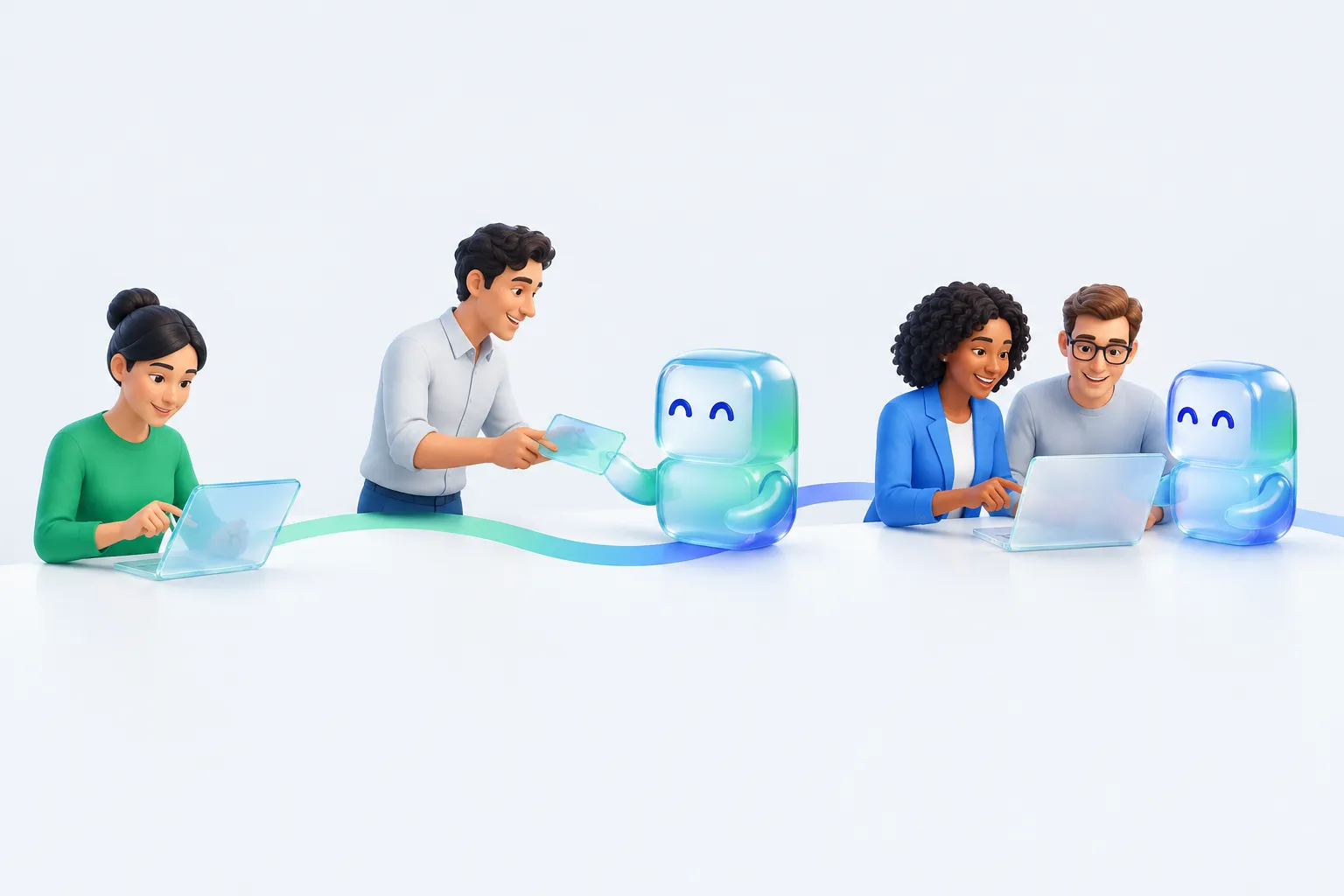 A sequence of figures showing a person moving from using a tool alone to actually handing a task off to an AI-shaped glass block.