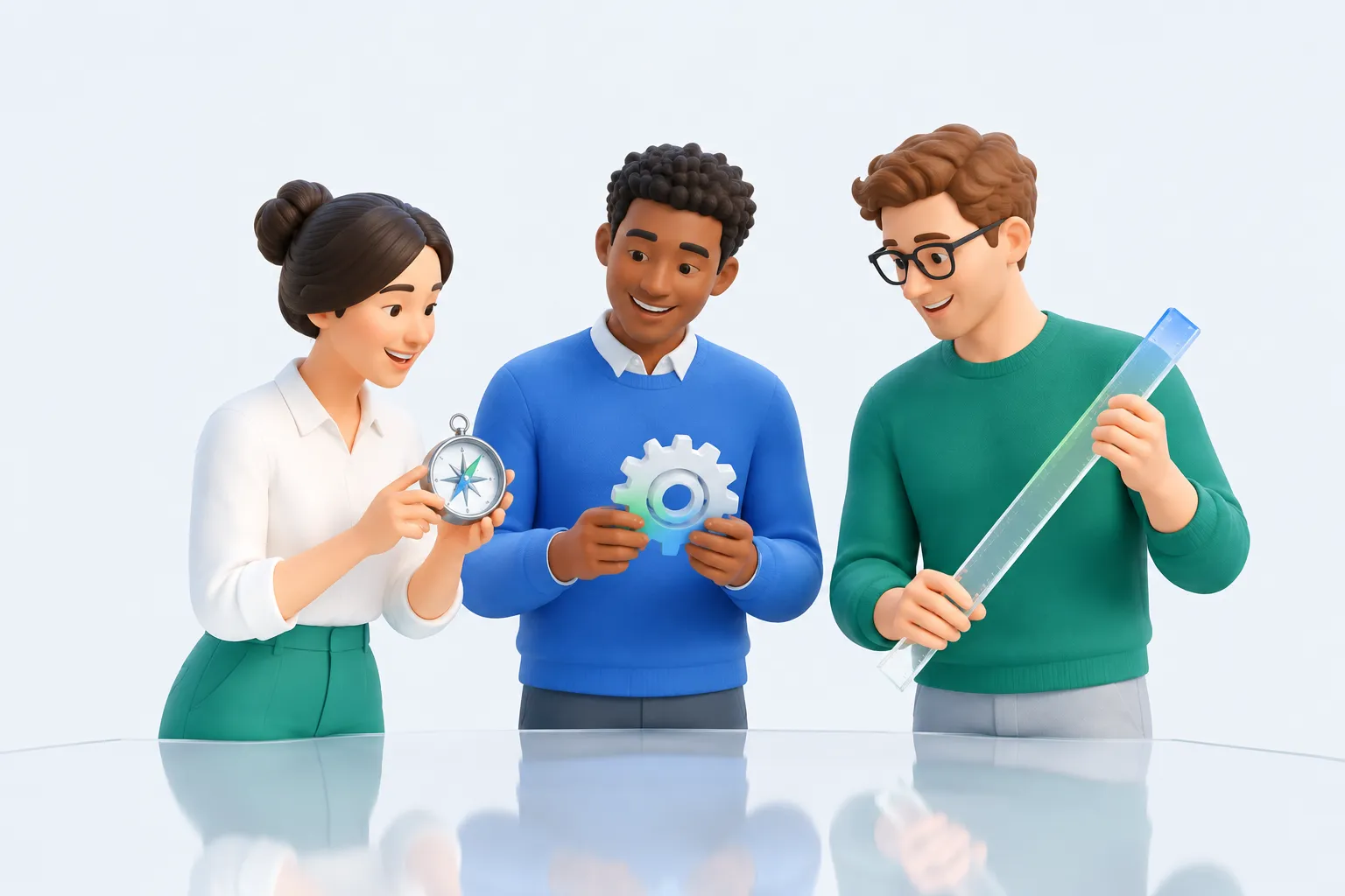 Three colleagues each holding a different symbolic object, a compass, a gear, and a scale, comparing the three stages of measurement side by side.