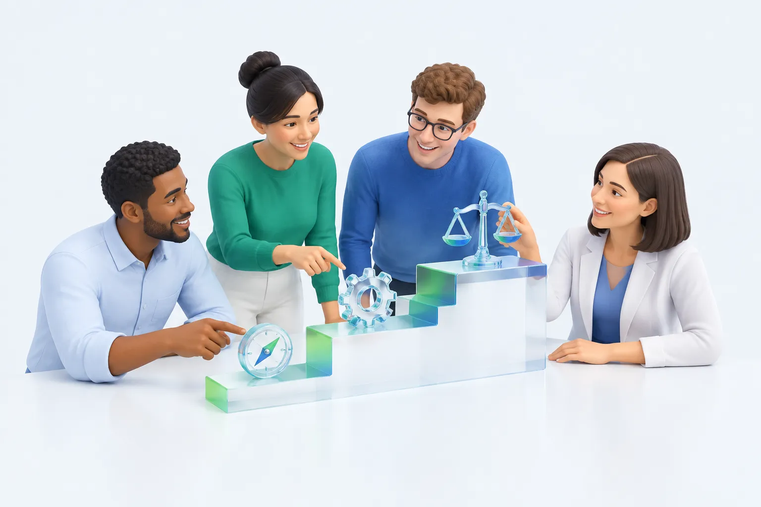 Illustration of a small team assembling a three-step staircase with a compass, a gear, and a measuring scale, symbolizing the stages of AI maturity: readiness, adoption, and impact.