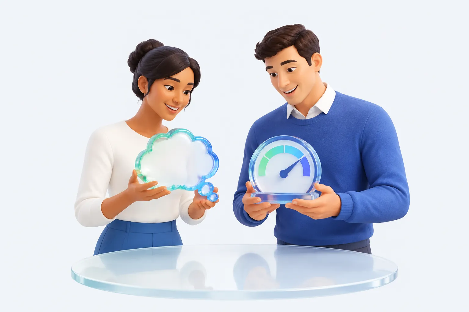 Two colleagues comparing a thought-bubble object representing a felt impression with a measuring gauge object representing a tracked outcome.