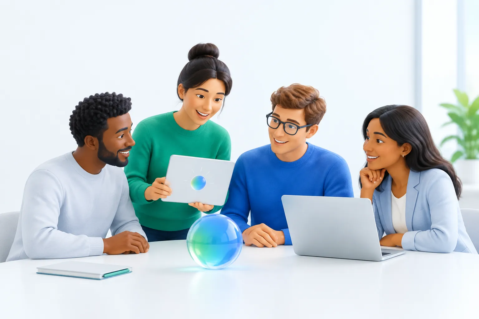 Illustration of a team celebrating early progress on OpenAI Dots adoption around a shared workspace.