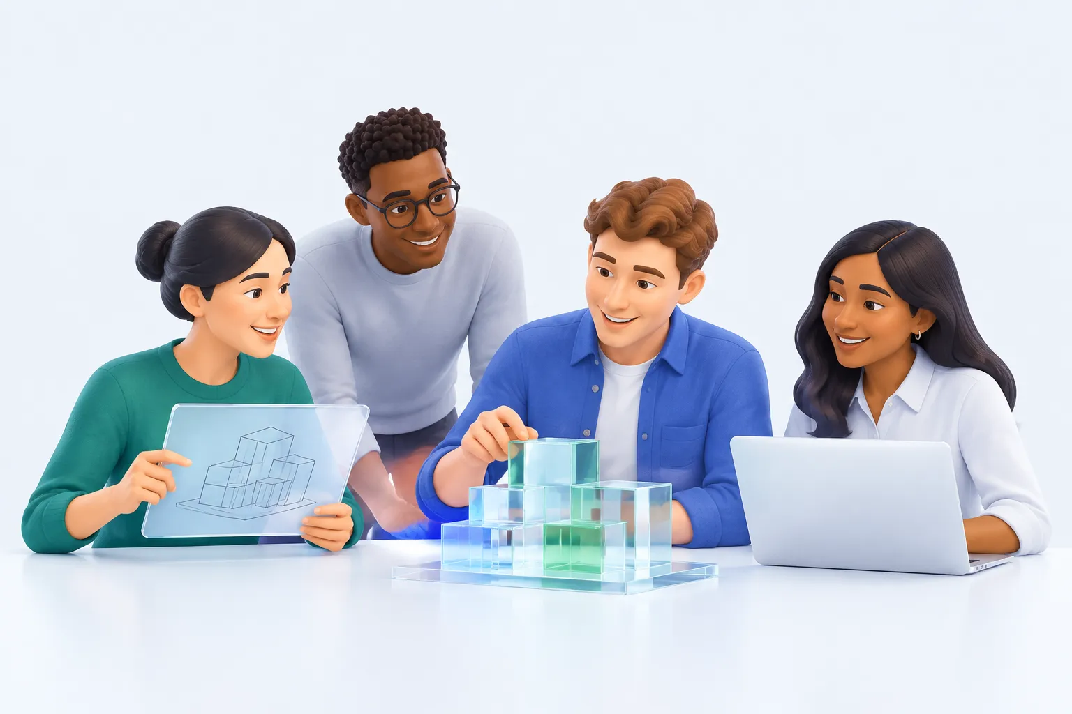 Designer and engineer watching a sketch turn into a simple model, representing a dot completing a handoff.