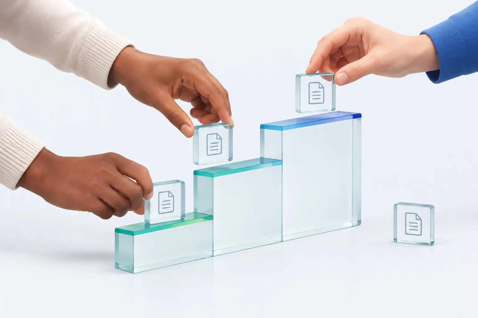 Hands attach glass evidence tags to a stepped glass staircase representing maturity levels in a template.