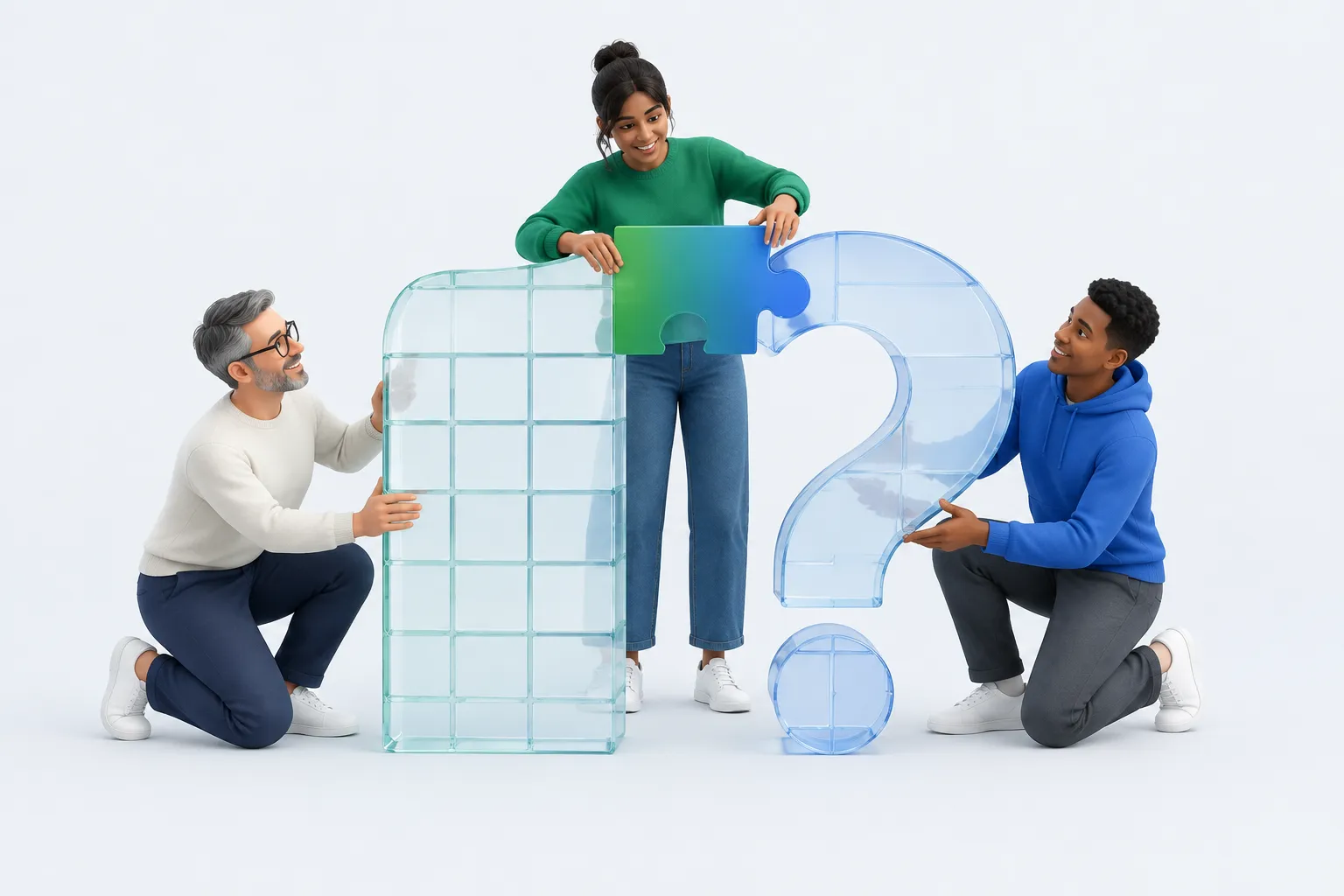 Colleagues join a glass spreadsheet grid to a glass survey form, illustrating a template paired with an employee survey.