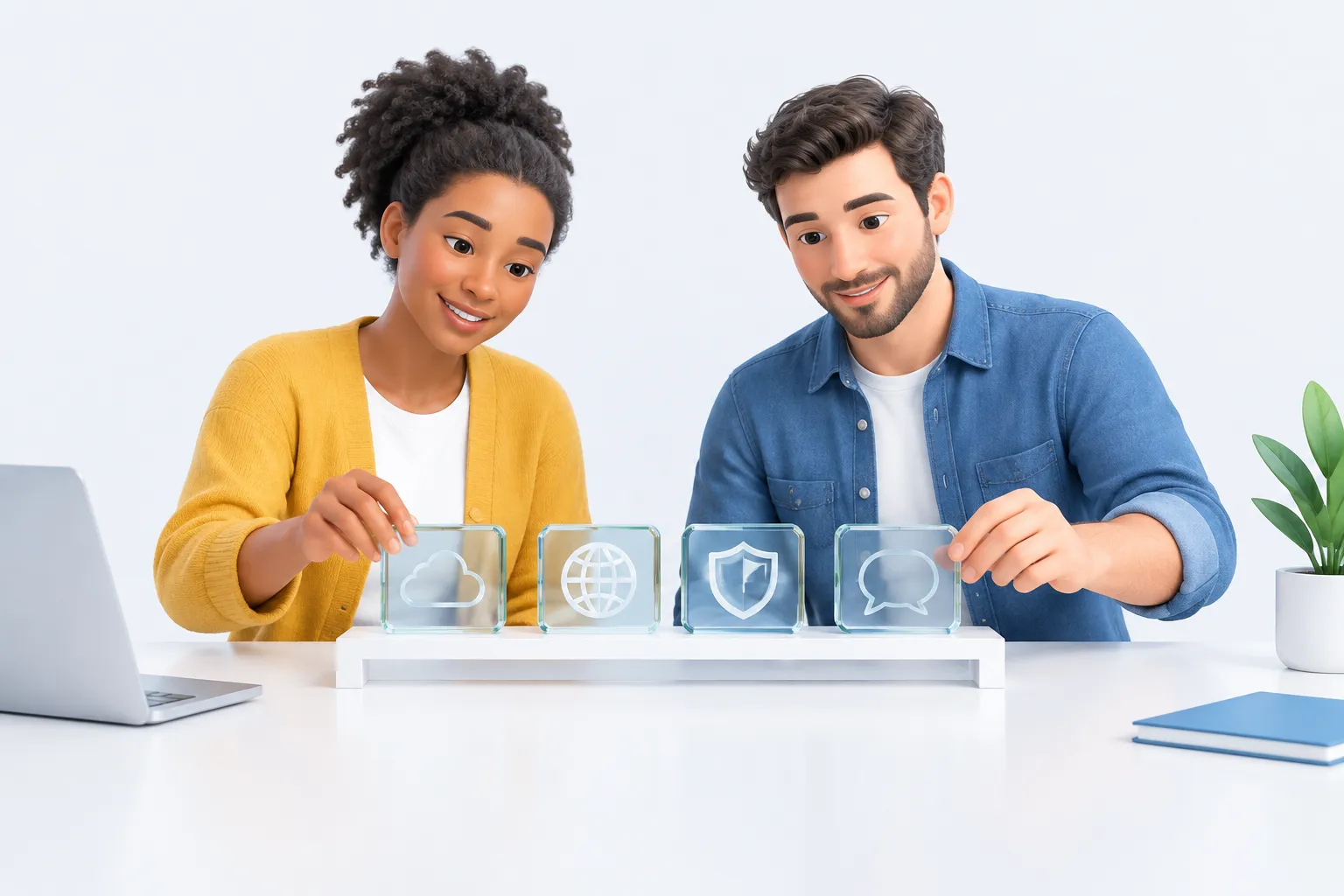 Two colleagues comparing four glass tiles representing different AI readiness assessment templates side by side