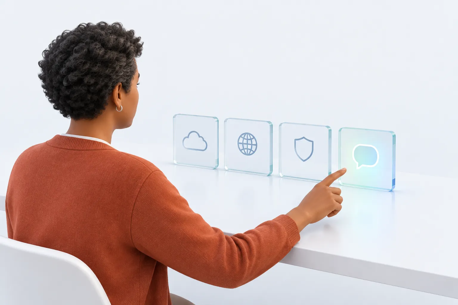 A person at a desk choosing among four differently shaped glass nameplates representing an AI readiness assessment template
