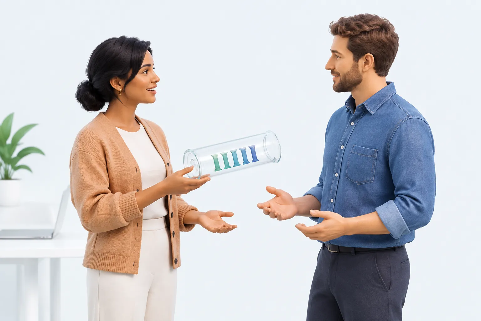 Two colleagues passing a glass scroll etched with five pillar marks, representing the agentic AI maturity model as a planning framework.