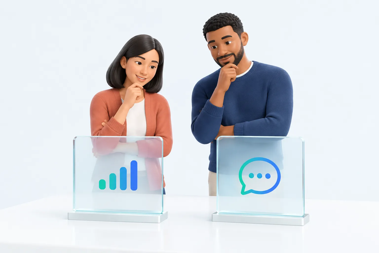 Two colleagues viewing two separate glass panels, one for usage and one for sentiment, kept apart rather than combined.