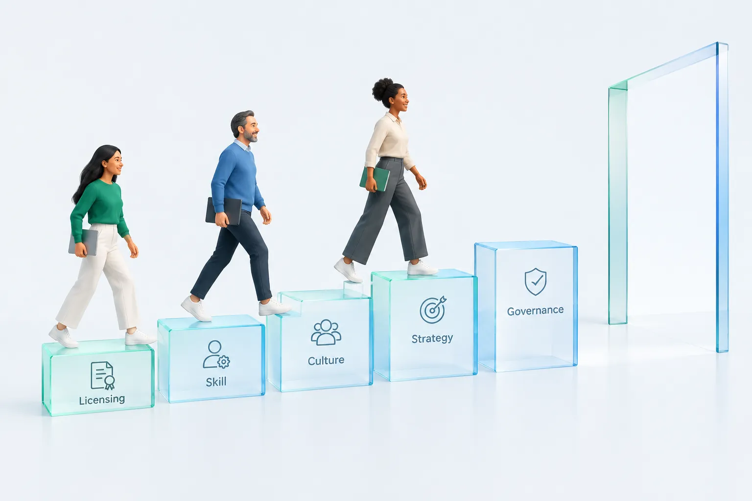 Colleagues crossing five glass platforms toward an open doorway, representing moving past Microsoft's frameworks toward employee-level measurement.